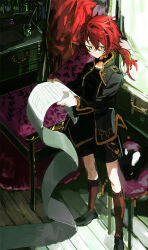 1boy black_choker black_hair black_jacket black_shirt black_shoes black_shorts blush brown_socks chair choker closed_mouth commentary_request creature dot_nose full_body green_eyes hair_between_eyes highres holding holding_paper indoors jacket looking_at_viewer male_focus medium_hair multicolored_hair nana_tetra open_clothes open_jacket original paper ponytail red_hair shirt shoes shorts socks solo standing streaked_hair two-tone_hair wide_sleeves window wooden_floor