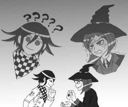 Rule 34 | 1boy, 1girl, ?, bob cut, card, checkered clothes, checkered scarf, danganronpa (series), danganronpa v3: killing harmony, flipped hair, gradient background, greyscale, hand on own chin, hat, magic trick, monochrome, oma kokichi, projected inset, scarf, short hair, simple background, straitjacket, stroking own chin, witch hat, yumeno himiko