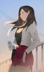 Rule 34 | 1girl, absurdres, against railing, alios arvin, bag, beer can, black shirt, brown hair, can, chinese commentary, clear sky, closed eyes, closed mouth, commentary request, contrail, drink can, earrings, evening, floating hair, handbag, high-waist skirt, highres, holding, holding can, jacket, jewelry, long hair, long sleeves, mole, mole under eye, open clothes, open jacket, original, outdoors, pantyhose, pencil skirt, power lines, profile, railing, red skirt, shirt, shirt tucked in, skirt, sky, smile, solo, suit jacket, white jacket