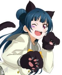 Rule 34 | 1girl, ;d, animal ears, animal hands, blue hair, bow, bowtie, buttons, cat ears, cat tail, double-breasted, facial mark, fang, gloves, hair bun, highres, kemonomimi mode, long hair, long sleeves, looking at viewer, love live!, love live! sunshine!!, one eye closed, open mouth, paw gloves, purple eyes, school uniform, serafuku, side bun, signature, simple background, single side bun, smile, solo, tail, takeya yuuki, tsushima yoshiko, upper body, uranohoshi school uniform, white background, yellow bow, yellow bowtie