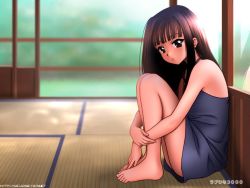 Rule 34 | 1girl, aoyama motoko, black hair, indoors, japanese room, hugging own legs, long hair, looking at viewer, love hina, reflection, serious, solo, tatami, toes