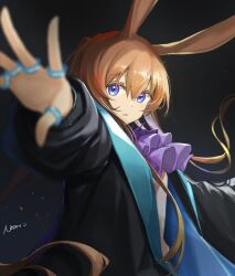 Rule 34 | 1girl, absurdres, amiya (arknights), animal ears, arknights, ascot, black background, black coat, blue eyes, blurry, blurry foreground, brown hair, coat, depth of field, foreshortening, highres, jewelry, long hair, long sleeves, looking at viewer, multiple rings, omuretu (butterroru), open clothes, open coat, outstretched arm, parted lips, purple ascot, rabbit ears, rabbit girl, ring, signature, simple background, solo, upper body, very long hair