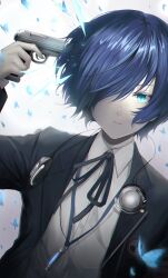 Rule 34 | 1boy, absurdres, akira (aristole), black jacket, black ribbon, blue eyes, blue hair, bug, butterfly, collared shirt, gakuran, gun, hair over one eye, headphones, headphones around neck, highres, holding, holding gun, holding weapon, insect, jacket, looking at viewer, neck ribbon, open clothes, open jacket, parted lips, persona, persona 3, ribbon, school uniform, shirt, short hair, simple background, solo, weapon, white background, white shirt, yuuki makoto (persona 3)