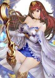 Rule 34 | 10s, 1girl, bare legs, bare shoulders, blush, boots, bracer, breasts, choker, cleavage, collarbone, dress, female focus, gloves, granblue fantasy, hair ornament, harp, arriet (shingeki no bahamut), instrument, jewelry, legs, long hair, looking at viewer, neck, necklace, purple eyes, red hair, shimashima (pixiv3696209), shimashima (simasima 23), shingeki no bahamut, solo, solo focus, strapless, strapless dress, tiara