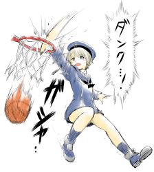 Rule 34 | 10s, 1girl, :d, ball, basketball, basketball (object), basketball hoop, blue eyes, boots, clothes writing, dress, hat, highres, kanno takanori, kantai collection, open mouth, pun, reverse trap, sailor dress, sailor hat, short hair, silver hair, simple background, slam dunk (basketball), smile, solo, trap, white background, z1 leberecht maass (kancolle)
