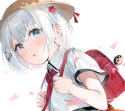 Rule 34 | 1girl, absurdres, aged down, backpack, bag, bag charm, blue eyes, blush, charm (object), child, collared shirt, dutch angle, grey hair, hair ornament, hat, highres, looking at viewer, necktie, official art, parted lips, randoseru, red necktie, school hat, second-party source, shirt, short sleeves, sidelocks, siesta (tantei wa mou shindeiru), simple background, solo, tantei wa mou shindeiru, umibouzu (niito), upper body, white background, white shirt, x hair ornament, yellow hat