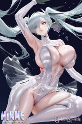 1girl absurdres arm_up armpits artist_name black_gloves bodysuit breasts chinese_commentary cinderella_(nikke) cleavage commentary copyright_name covered_navel english_commentary eyelashes gloves goddess_of_victory:_nikke goldenmiocola grey_hair hair_over_one_eye headgear highres large_breasts long_hair mixed-language_commentary parted_lips red_eyes revealing_clothes solo twintails very_long_hair