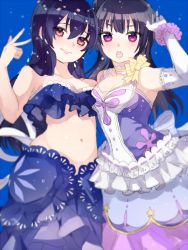 Rule 34 | 2girls, artist request, bad id, bad twitter id, blue hair, breasts, cleavage, closed mouth, commentary request, elbow gloves, gloves, hair between eyes, hair bun, highres, in-franchise crossover, long hair, looking at viewer, love live!, love live! school idol festival, love live! school idol project, love live! sunshine!!, mermaid costume, multiple girls, navel, open mouth, purple eyes, scrunchie, side bun, single hair bun, single side bun, sonoda umi, swimsuit, tsushima yoshiko, underwater, wrist scrunchie, yellow eyes