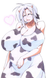 Rule 34 | 1girl, animal ears, animal print, bad id, bad pixiv id, breasts, cleavage, cow ears, cow girl, cow print, gigantic breasts, heart, horns, huge breasts, original, plump, pregnant, smile, solo, uccow, white hair