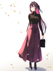 Rule 34 | 1girl, alternate costume, arm behind back, azki (hololive), bag, black hair, black shirt, blush, braid, breasts, closed mouth, cohi27151463, colored inner hair, commentary, english commentary, falling leaves, flower, french braid, full body, hair flower, hair intakes, hair ornament, handbag, highres, holding, holding bag, hololive, leaf, long hair, long skirt, long sleeves, medium breasts, multicolored hair, pink eyes, pink hair, pink skirt, ponytail, shirt, shirt tucked in, simple background, skirt, smile, solo, standing, straight hair, streaked hair, taut clothes, taut shirt, turtleneck, virtual youtuber, white background, white hair, wind