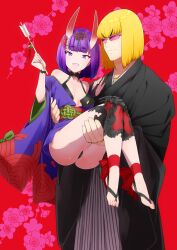 1boy 1girl arrow_(projectile) ass blonde_hair bob_cut breasts brown_hakama carrying choker commentary_request fate/grand_order fate_(series) floral_background hakama headpiece holding holding_arrow horns japanese_clothes kimono off_shoulder open_mouth petite princess_carry purple-tinted_eyewear purple_eyes purple_hair purple_kimono red_background sakata_kintoki_(fate) shiromako short_kimono shuten_douji_(fate) skin-covered_horns small_breasts smile sunglasses tinted_eyewear