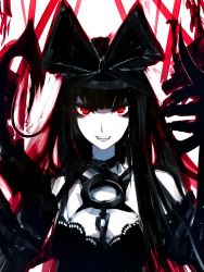 Rule 34 | 10s, 1girl, abyssal ship, bad id, bad twitter id, black bow, black dress, black hair, bow, choker, dress, gothic lolita, gradient background, highres, kantai collection, kumahina, lolita fashion, long hair, looking at viewer, open mouth, red eyes, seaplane tender princess, smile, solo, striped, striped background, violence kumahina