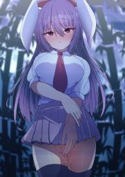 Rule 34 | 1girl, animal ears, bamboo, bamboo forest, blush, breasts, commentary request, covering privates, covering crotch, darumoon, forest, highres, large breasts, looking at viewer, nature, necktie, pink hair, pussy juice, rabbit ears, red eyes, red necktie, reisen udongein inaba, skirt, solo, thighhighs, thighs, touhou