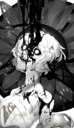 Rule 34 | 1girl, :d, bakushi (kaeritai0609), bare shoulders, blood, blood on face, crazy smile, fate/grand order, fate (series), greyscale, hat, looking at viewer, monochrome, open mouth, smile, solo, upper body, van gogh (fate), van gogh (third ascension) (fate), wide-eyed