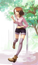 Rule 34 | 1girl, ankle boots, boots, brown eyes, brown hair, long hair, original, oropi, parted lips, running, shoes, shorts, solo, thighhighs, tree, zettai ryouiki