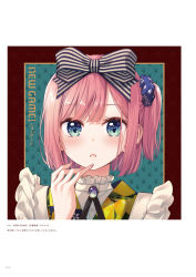 Rule 34 | 1girl, black ribbon, blue eyes, blue scrunchie, blush, bow, copyright name, hair bow, hair ornament, hair scrunchie, highres, looking at viewer, mochizuki momiji, neck ribbon, new game!, official art, open mouth, page number, pink hair, portrait, print scrunchie, ribbon, scrunchie, short hair, side ponytail, solo, striped, striped bow, tokunou shoutarou