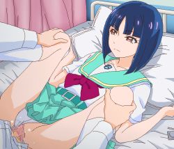 Rule 34 | 1boy, 1girl, aozora middle school uniform, blue hair, bob cut, brown eyes, censored, clothed sex, clothing aside, commentary request, condom, condom on penis, green sailor collar, green skirt, hetero, jaggy lines, kneehighs, lying, missionary, mosaic censoring, on back, panties, panties aside, penis, precure, pussy, sailor collar, school uniform, serafuku, sex, shiratori yuriko, short hair, skirt, socks, solo focus, split mouth, spread legs, tomu (tomubobu), tropical-rouge! precure, underwear, vaginal, white panties
