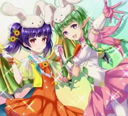 Rule 34 | 2girls, :d, animal hat, armpits, blunt bangs, braid, collarbone, commission, dragon wings, dress, fire emblem, fire emblem: the sacred stones, fire emblem awakening, fire emblem heroes, flower, gloves, green hair, hair flower, hair ornament, hat, holding hands, kakiko210, looking at viewer, multiple girls, myrrh (fire emblem), nah (fire emblem), nintendo, official alternate costume, open mouth, orange dress, outstretched arm, pantyhose, pink gloves, pointy ears, purple eyes, purple hair, rabbit hat, red eyes, ribbon, skeb commission, smile, twin braids, twintails, white gloves, white legwear, wings