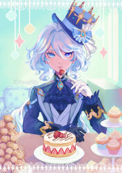 Rule 34 | 1girl, absurdres, ascot, asymmetrical gloves, black gloves, blue ascot, blue eyes, blue hair, blue hat, blue jacket, brooch, cake, commentary, cupcake, food, fork, fruit, furina (genshin impact), genshin impact, gloves, hair between eyes, hat, highres, holding, holding fork, jacket, jewelry, long hair, long sleeves, looking at viewer, mismatched gloves, multicolored hair, renee (flowerj3lly), short hair, solo, strawberry, streaked hair, top hat, upper body, very long hair, white gloves, white hair