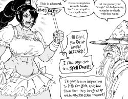 Rule 34 | 1boy, 1girl, absurdres, bb (baalbuddy), beard, braid, breasts, commentary, english commentary, english text, facial hair, female orc, from side, frown, greyscale, hair ornament, hat, heart, heart hair ornament, highres, holding, holding wand, large breasts, long beard, long hair, midriff, miniskirt, monochrome, navel, open mouth, orc, original, profile, puffy short sleeves, puffy sleeves, short sleeves, simple background, skirt, wand, wargra (bb (baalbuddy)), white background, wizard, wristband