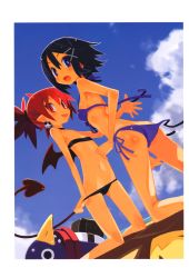 Rule 34 | 2girls, absurdres, asagiri asagi, ass, bandeau, bare shoulders, bat wings, bikini, bikini pull, black bikini, black hair, blue bikini, blue eyes, blue sky, breasts, butt crack, choker, clothes pull, cloud, day, demon girl, demon tail, disgaea, dutch angle, earrings, etna (disgaea), flat chest, front-tie top, hair between eyes, hair ornament, hairclip, harada takehito, highres, jewelry, kneeling, looking at viewer, lowleg, lowleg bikini, midriff, multiple girls, navel, nippon ichi, open mouth, pointy ears, prinny, pulled by self, red eyes, red hair, red scarf, scarf, short twintails, side-tie bikini bottom, sideboob, sky, small breasts, strap gap, swimsuit, tail, tongue, twintails, wardrobe malfunction, wings