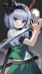 Rule 34 | 1girl, absurdres, belt, chromatic aberration, commentary request, cowboy shot, dark background, gradient background, grey background, highres, hitodama, holding, holding sword, holding weapon, katana, konpaku youmu, konpaku youmu (ghost), simple background, solo, sword, touhou, weapon, yuujin (yuzinn333)