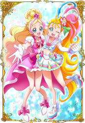 Rule 34 | 2girls, :d, ;d, blonde hair, blue eyes, breasts, card (medium), collarbone, crop top, cure flora, cure summer, elbow gloves, fingerless gloves, floating hair, gloves, go! princess precure, gradient hair, grey eyes, hand on another&#039;s shoulder, hanzou, haruno haruka, highres, long hair, looking at viewer, midriff, miniskirt, multicolored hair, multiple girls, natsuumi manatsu, navel, one eye closed, open mouth, pink hair, pink sailor collar, pink skirt, pleated skirt, precure, sailor collar, short sleeves, side ponytail, skirt, small breasts, smile, standing, standing on one leg, stomach, tropical-rouge! precure, two-tone hair, very long hair, white footwear, white gloves, white skirt