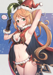 Rule 34 | 1girl, arm up, armpits, bike shorts, bikini, black gloves, blonde hair, blush, breasts, cape, clarisse (granblue fantasy), cleavage, closed mouth, embarrassed, fur-trimmed bikini, fur trim, gloves, granblue fantasy, green eyes, hat, highres, long hair, looking at viewer, md5 mismatch, medium breasts, navel, ponytail, red bikini, red cape, red hat, resolution mismatch, santa hat, solo, source larger, spoken blush, swimsuit, uneg