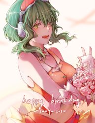 Rule 34 | 1girl, birthday card, bouquet, commentary, crop top, flower, goggles, goggles on head, green eyes, green hair, green nails, gumi, happy birthday, headphones, highres, holding, holding bouquet, lips, looking at viewer, nail polish, open mouth, orange shirt, orange skirt, pink flower, red goggles, rose, shirt, short hair with long locks, sidelocks, sideways glance, skirt, smile, solo, stepcacc, upper body, vocaloid, w