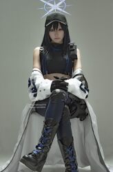Rule 34 | 1girl, asian, black footwear, black gloves, black hair, black headwear, black shirt, blue archive, blue eyes, blue hair, boots, cosplay photo, cropped shirt, gloves, halo, head tilt, highres, interlocked fingers, jacket, looking at viewer, multicolored hair, nawo. (nawo019), off shoulder, photo (medium), pouch, saori (blue archive), shirt, sitting, solo, straight-on, streaked hair, twitter username, white jacket