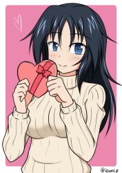 Rule 34 | 1girl, black hair, blue eyes, blush, box, closed mouth, commentary, flying sweatdrops, freckles, gift, gift box, girls und panzer, heart, heart-shaped box, holding, holding gift, izumi (izumi p), long hair, looking at viewer, outside border, pink background, ribbed sweater, rounded corners, smile, solo, sweater, twitter username, upper body, valentine, white sweater, yamagou ayumi