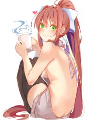 Rule 34 | 1girl, back, backless dress, backless outfit, bare back, bare shoulders, black thighhighs, breasts, brown hair, butt crack, commentary, cup, doki doki literature club, drawstring, dress, english commentary, green eyes, hair between eyes, hair intakes, hair ribbon, heart, highres, holding, holding cup, long hair, looking at viewer, looking back, medium breasts, meme attire, monika (doki doki literature club), naked sweater, ponytail, ribbon, sideboob, simple background, sitting, sleeveless, sleeveless turtleneck, smile, solo, steam, sweater, sweater dress, thighhighs, turtleneck, very long hair, virgin killer sweater, white background, white ribbon, white sweater, xhunzei