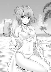 Rule 34 | 1girl, alcohol, bad id, bad twitter id, beach, bikini, blush, bracelet, breasts, cleavage, collarbone, cup, drinking glass, greyscale, highres, holding, holding cup, holding drinking glass, idolmaster, idolmaster cinderella girls, jewelry, looking at viewer, medium breasts, mole, mole under eye, monochrome, navel, necklace, open mouth, outdoors, short hair, sitting, smile, solo, stool, swimsuit, takagaki kaede, teraguchi