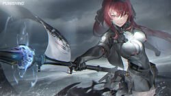 Rule 34 | 1girl, artist request, cloud, cloudy sky, dress, hair ribbon, highres, holding, holding polearm, holding weapon, long hair, mole, mole under eye, ocean, official art, polearm, ponytail, punishing: gray raven, red eyes, red hair, ribbon, sky, smile, vera: garnet (punishing: gray raven), vera (punishing: gray raven), weapon