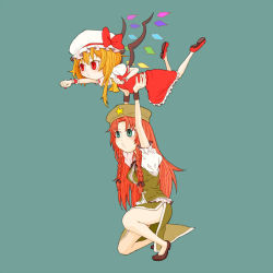 Rule 34 | 2girls, aqua eyes, arms up, ascot, beret, blonde hair, blue background, bow, braid, china dress, chinese clothes, clenched hand, clenched hands, dress, female focus, flandre scarlet, frills, hakoro, hat, hat bow, hat ribbon, holding up, hong meiling, long hair, low-tied long hair, mary janes, multiple girls, o3o, on one knee, outstretched arm, red eyes, red hair, ribbon, shoes, short hair, short sleeves, side braid, side ponytail, side slit, simple background, skirt, skirt set, star (symbol), touhou, twin braids, wings, wrist cuffs
