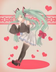 Rule 34 | 1girl, absurdres, antennae, bad id, bad pixiv id, bow, detached sleeves, dress, female focus, green eyes, green hair, hair bow, hair over one eye, hatsune miku, headset, high heels, highres, long hair, matching hair/eyes, necktie, shoes, sinran, skirt, sleeves past wrists, solo, thighhighs, twintails, very long hair, vocaloid