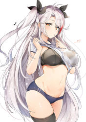 Rule 34 | 1girl, antenna hair, azur lane, black bra, black thighhighs, blue buruma, bra, breasts, buruma, clothes lift, cowboy shot, finger to mouth, groin, gym uniform, hair ribbon, hands up, heart, highres, large breasts, lifted by self, long hair, looking at viewer, luse maonang, mole, mole on breast, multicolored hair, musical note, navel, orange eyes, prinz eugen (azur lane), red hair, ribbon, shirt, shirt lift, short sleeves, simple background, solo, standing, stomach, streaked hair, thighhighs, thighs, two side up, underwear, very long hair, white background, white hair, white shirt