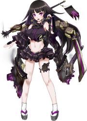 Rule 34 | 1girl, :o, artist request, bare shoulders, black hair, blush, breasts, broken, broken spear, broken weapon, detached sleeves, frilled skirt, frilled sleeves, frills, full body, holding, holding spear, holding weapon, large breasts, long hair, midriff, miniskirt, navel, official art, open mouth, oshiro project:re, oshiro project:re, polearm, purple eyes, sawayama (oshiro project), skirt, solo, spear, standing, torn clothes, transparent background, very long hair, weapon