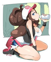 Rule 34 | 1girl, bag, bare shoulders, black socks, blue eyes, boots, bottle, breasts, brown hair, cleavage, creatures (company), drinking, forest, full body, game freak, highres, hilda (pokemon), large breasts, long hair, looking at viewer, nac000, nature, nintendo, pokemon, pokemon bw, sexually suggestive, sitting, sleeveless, socks, solo, sweat, very long hair, vest, visor cap, wariza, wristband