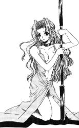 Rule 34 | 1990s (style), 1girl, aerith gainsborough, breasts, collarbone, dress, final fantasy, final fantasy vii, full body, greyscale, holding, holding weapon, kneeling, lance, long dress, looking at viewer, midriff, monochrome, navel, polearm, revealing clothes, solo, stomach, wavy hair, weapon