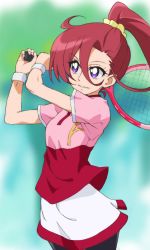 Rule 34 | 1girl, arms up, asymmetrical bangs, black pantyhose, blurry, blurry background, closed mouth, commentary, day, hair between eyes, hair ornament, hair scrunchie, hair up, highres, holding, holding racket, kayabakoro, long hair, looking to the side, miniskirt, outdoors, pantyhose, pink shirt, ponytail, precure, purple eyes, racket, red hair, scrunchie, shirt, short sleeves, skirt, smile, solo, sportswear, swinging, takizawa asuka, tennis racket, tennis uniform, tropical-rouge! precure, white skirt, wristband, yellow scrunchie