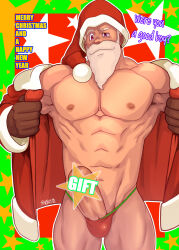 Rule 34 | 1boy, abs, bara, bare pectorals, beard, censored, censored by text, christmas, clothing aside, covered testicles, english text, erection, facial hair, feet out of frame, full beard, happy new year, hat, highres, large pectorals, long beard, looking at viewer, male focus, male underwear, male underwear aside, mature male, merry christmas, muscular, muscular male, nakata shunpei, navel, new year, nipples, off shoulder, original, pectorals, presenting penis, red hat, santa claus, santa costume, santa hat, seductive smile, short hair, smile, solo, stomach, thick beard, thick eyebrows, thighs, underwear, undressing, v-taper