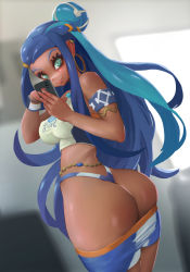 Rule 34 | 1girl, artist request, ass, bad id, bad pixiv id, bikini, blue eyes, blue hair, breasts, cellphone, clothes pull, covered erect nipples, creatures (company), dark-skinned female, dark skin, driverbunny37, earrings, from behind, game freak, gym leader, hair bun, highres, hoop earrings, jewelry, looking at viewer, looking back, midriff, necklace, nessa (pokemon), nintendo, phone, pokemon, pokemon swsh, short shorts, shorts, shorts pull, single hair bun, smartphone, smile, solo, sportswear, swimsuit, taking picture, tankini, thong