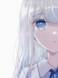 Rule 34 | 1girl, blue eyes, blue ribbon, collared shirt, crying, crying with eyes open, highres, long hair, looking at viewer, neck ribbon, open mouth, original, portrait, ribbon, saikisaika, shirt, silver hair, simple background, solo, tears, white background, white shirt, wing collar