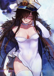 Rule 34 | 1girl, artist name, breasts, bridal gauntlets, brown hair, cape, choker, cleavage, commentary request, fate/grand order, fate (series), feather trim, hair over one eye, hat, highres, long hair, looking at viewer, march ab, md5 mismatch, medium breasts, oda nobunaga (fate), oda nobunaga (koha-ace), oda uri, peaked cap, resolution mismatch, smile, solo, strapless, teeth, thighhighs, yellow eyes