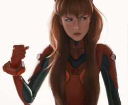 Rule 34 | 1girl, blue eyes, bodysuit, clenched hand, commentary, cosplay, english commentary, highres, latex, latex suit, lem, long hair, neon genesis evangelion, orange hair, parted lips, photo-referenced, pilot suit, plugsuit, real life, realistic, shiny clothes, shirogane-sama, skin tight, solo, souryuu asuka langley, white background