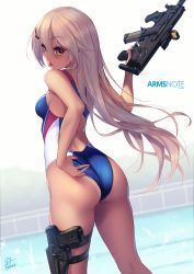 Rule 34 | 1girl, :q, adjusting clothes, adjusting swimsuit, arms note, artist name, ass, back cutout, bare arms, bare shoulders, blonde hair, blue one-piece swimsuit, breasts, clothing cutout, competition swimsuit, copyright name, dutch angle, fence, from behind, fukai ryosuke, gun, hair between eyes, hair ornament, handgun, highleg, highleg swimsuit, highres, holding, holding gun, holding weapon, long hair, looking back, machine pistol, one-piece swimsuit, orange eyes, original, pistol, pool, poolside, signature, small breasts, solo, standing, striped, submachine gun, swimming club kouhai (fukai ryousuke), swimsuit, tan, tanline, thigh strap, thighs, tongue, tongue out, vertical stripes, very long hair, water, weapon, weapon request