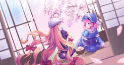 Rule 34 | 2girls, absurdres, arm garter, baozi, blonde hair, blue kimono, cherry blossom print, cherry blossoms, dress, eating, elbow gloves, closed eyes, floating hair, floral print, food, food in mouth, frilled dress, frills, gloves, hair between eyes, hair ribbon, hat, highres, huge filesize, japanese clothes, kimono, long hair, mob cap, multiple girls, pachi0831, pink hair, puffy short sleeves, puffy sleeves, purple dress, red ribbon, ribbon, saigyouji yuyuko, short sleeves, shouji, sliding doors, touhou, touhou lostword, triangular headpiece, very long hair, wide sleeves, yakumo yukari