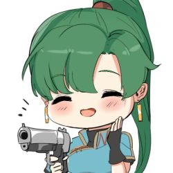 Rule 34 | blush stickers, closed eyes, earrings, false smile, fingerless gloves, fire emblem, fire emblem: the blazing blade, gloves, green hair, gun, hand on own cheek, hand on own face, jewelry, laughing, lyn (fire emblem), nintendo, ormille, ponytail, smile, solo, weapon