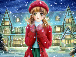 Rule 34 | 1girl, artist name, brown eyes, brown hair, coat, hat, mittens, original, rakia (cg garden), smile, snow, snowing, solo